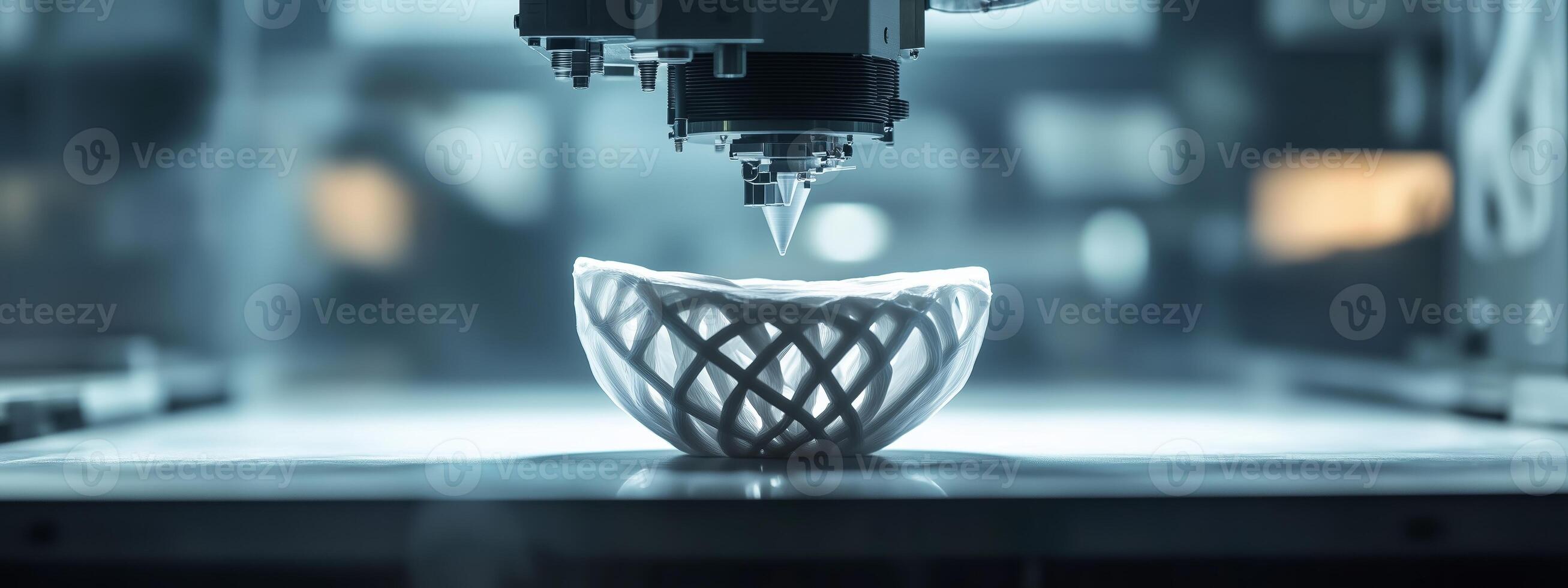 A 3D printer creating a white decorative bowl in a modern workshop during daylight, showcasing intricate lattice design and technology in action photo