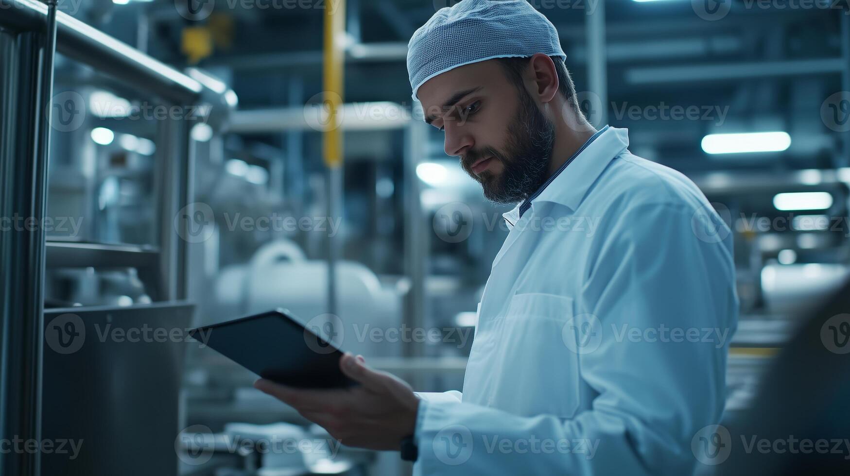 Scientist examining data on a tablet in a modern laboratory during the day photo