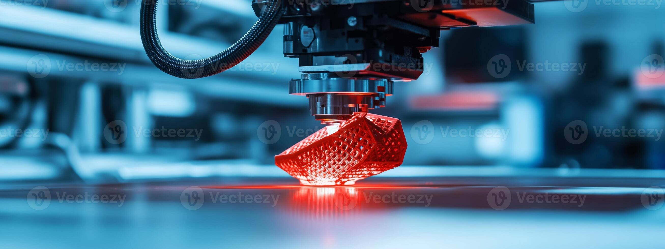 Red 3D printer creating a geometric object in a modern manufacturing facility during daylight hours photo