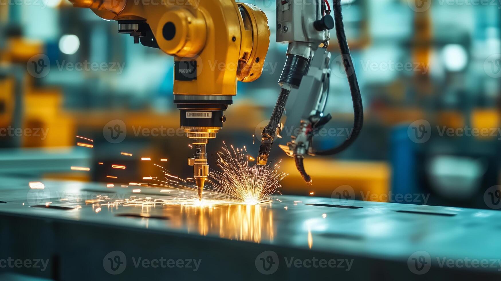 Robotic arm welding in a manufacturing facility generating sparks during metal processing in an industrial setting photo