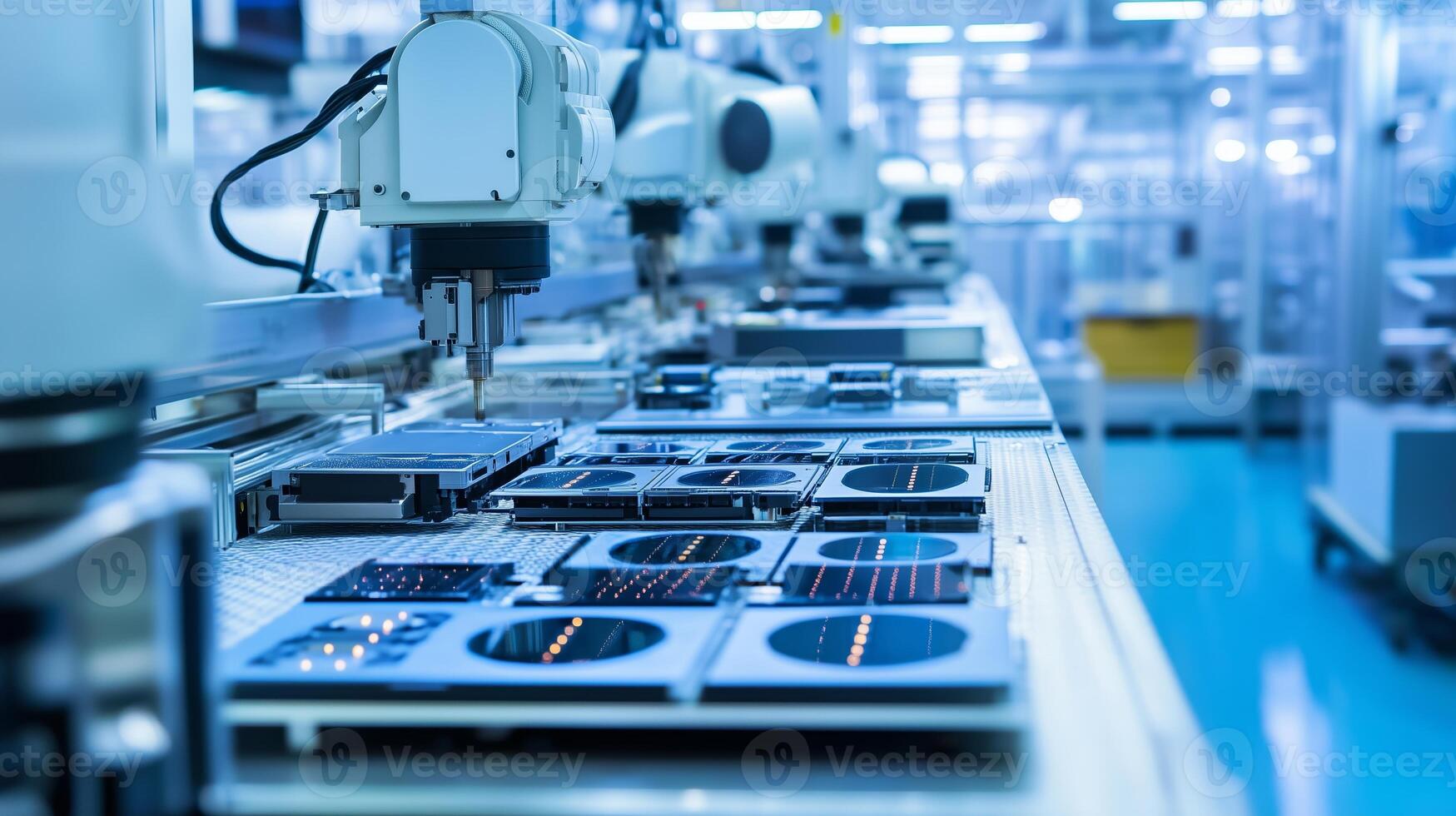 Advanced machinery working on electronic components in a high-tech manufacturing facility during daylight hours photo