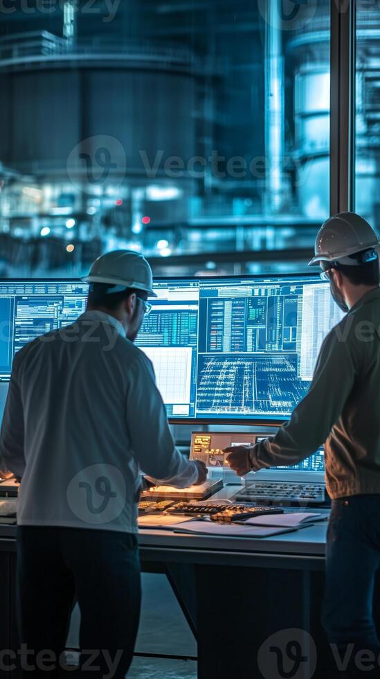 Engineers analyze data on large screens in a modern control room during evening shift at a high-tech facility photo