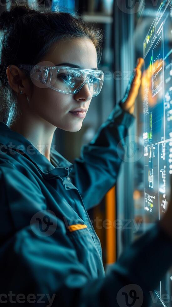 Young scientist analyzing data on a holographic display in a modern laboratory during the afternoon hours photo
