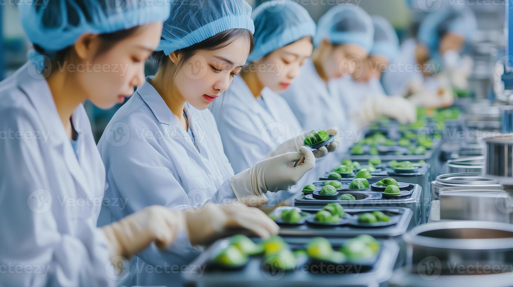 Workers carefully inspecting and packaging fresh produce in a clean facility during the day photo