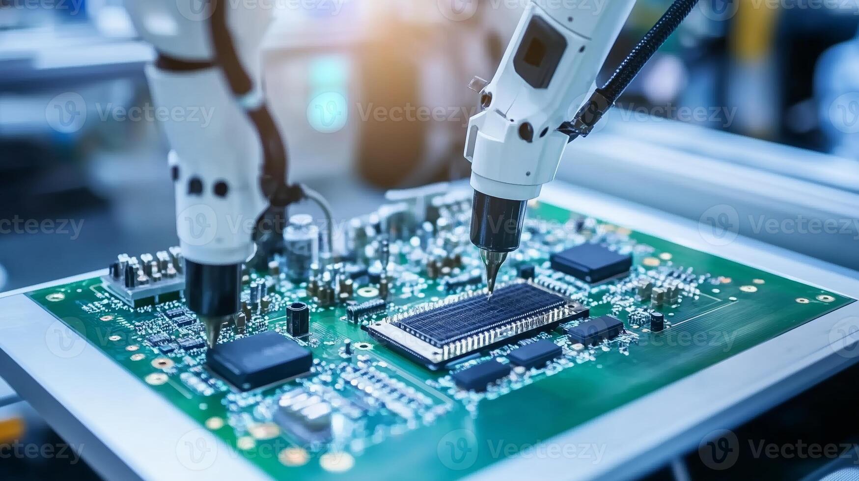 Robotic arms assembling an electronic circuit board in a modern manufacturing facility during daytime operations photo