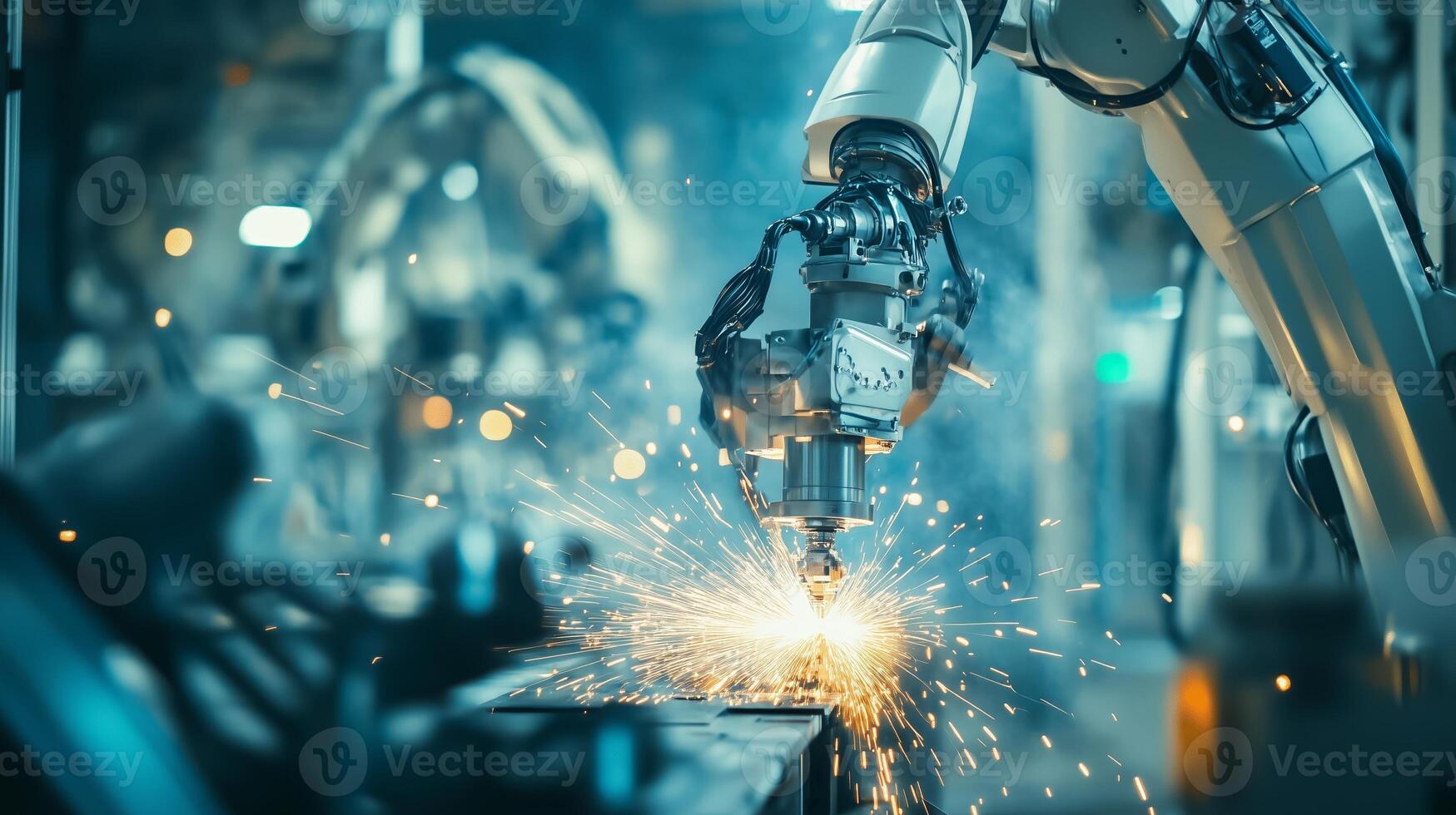 A robotic arm operates in a manufacturing facility, performing precise welding tasks and generating bright sparks during the industrial process photo