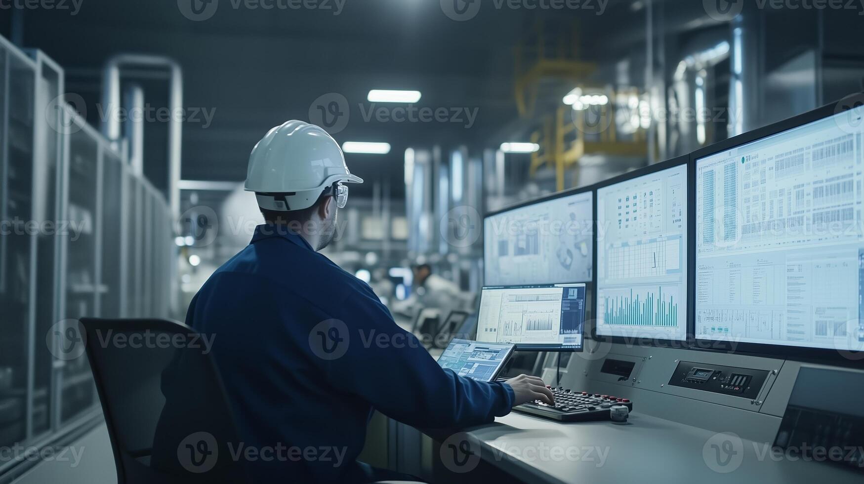 Control room operator monitoring equipment in a modern industrial facility during daytime work shift photo