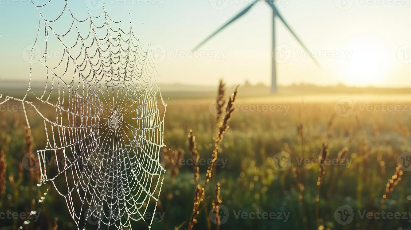 Morning dew glistens on a spider web in a field with a wind turbine at sunrise, creating a tranquil rural landscape photo