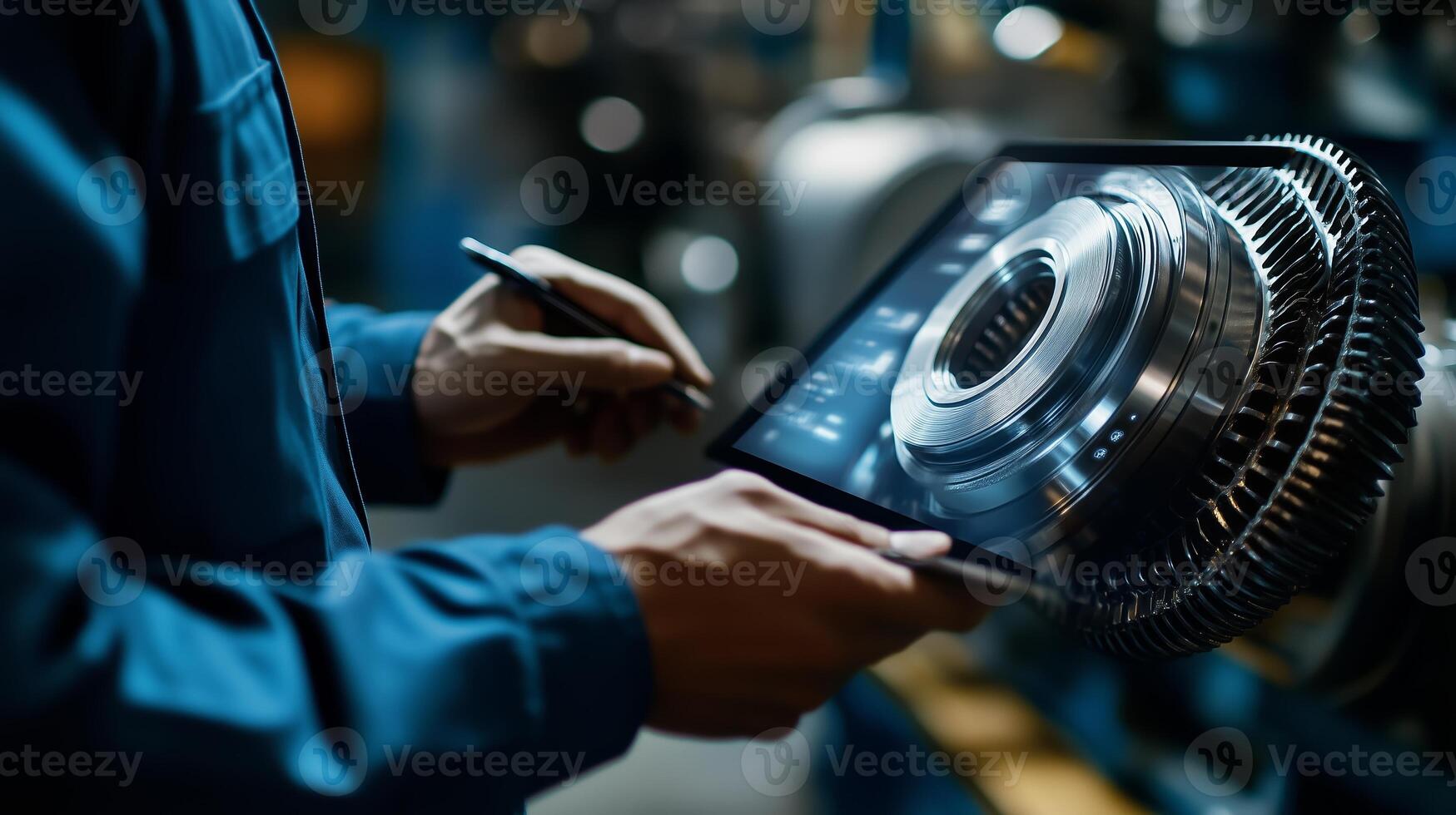 Technician examining turbine component using a tablet in an industrial workshop during a quality check photo