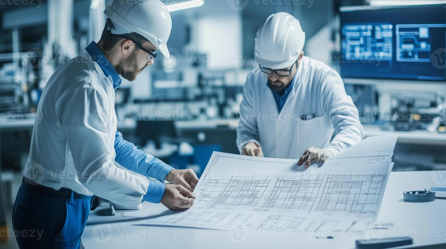 Engineers reviewing architectural blueprints in a modern office environment during a collaborative design meeting photo