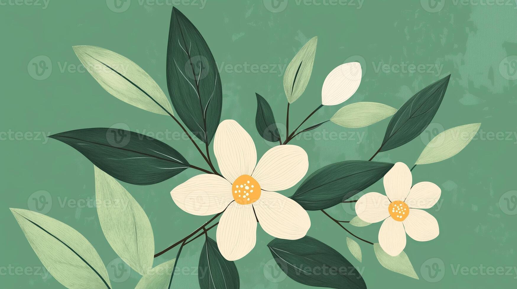Soft white flowers and green leaves create a serene botanical illustration on a gentle green background photo