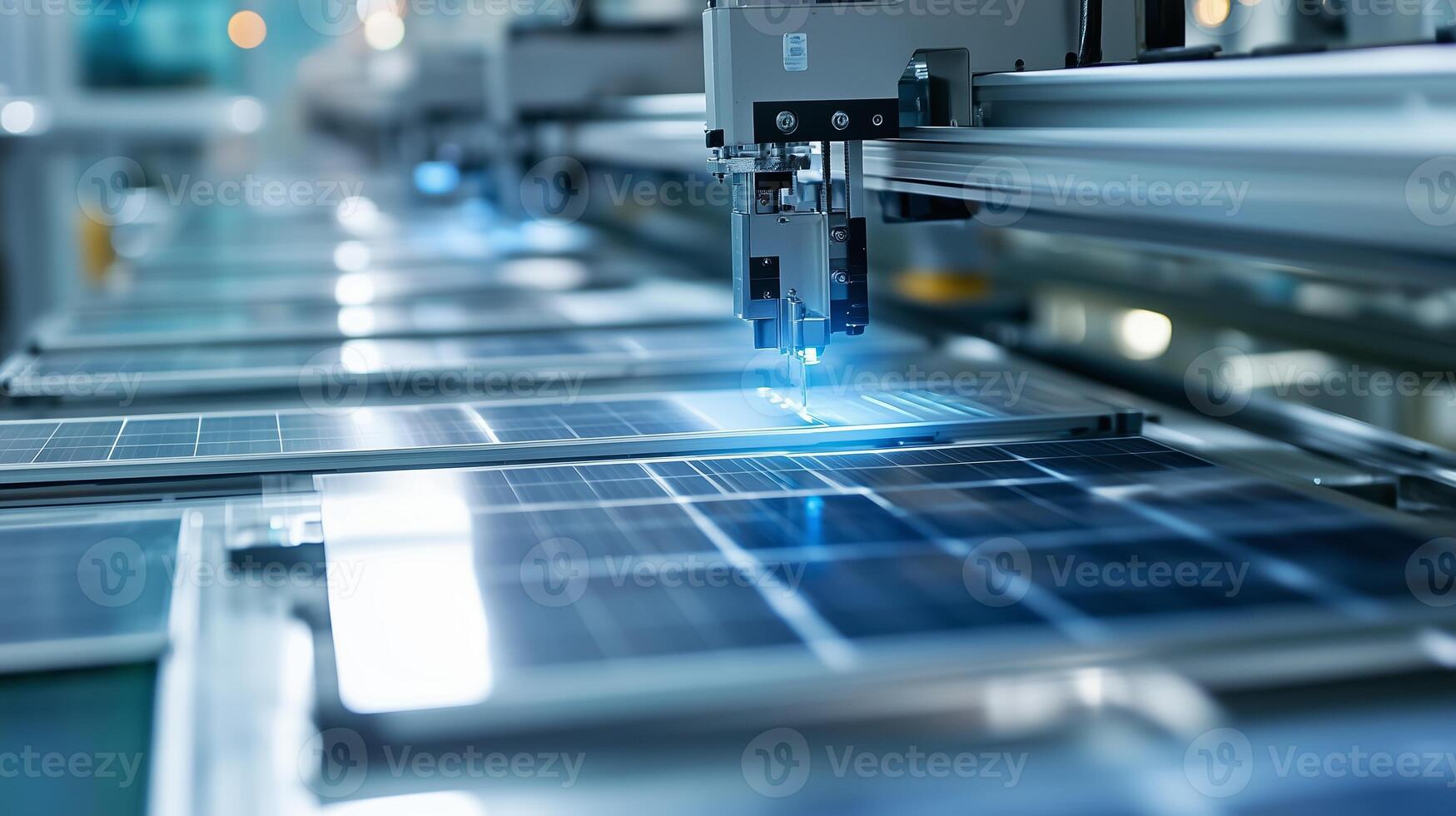 Automated machinery assembling solar panels in a high-tech manufacturing facility during daytime operations photo