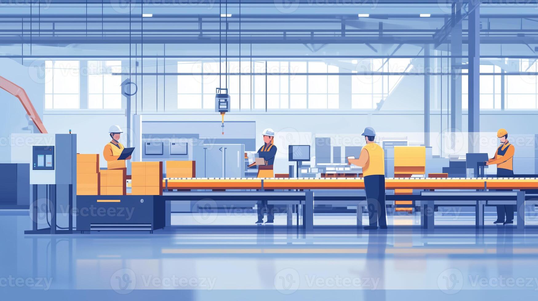 Workers in a modern manufacturing facility engaged in assembly tasks during daytime operations photo