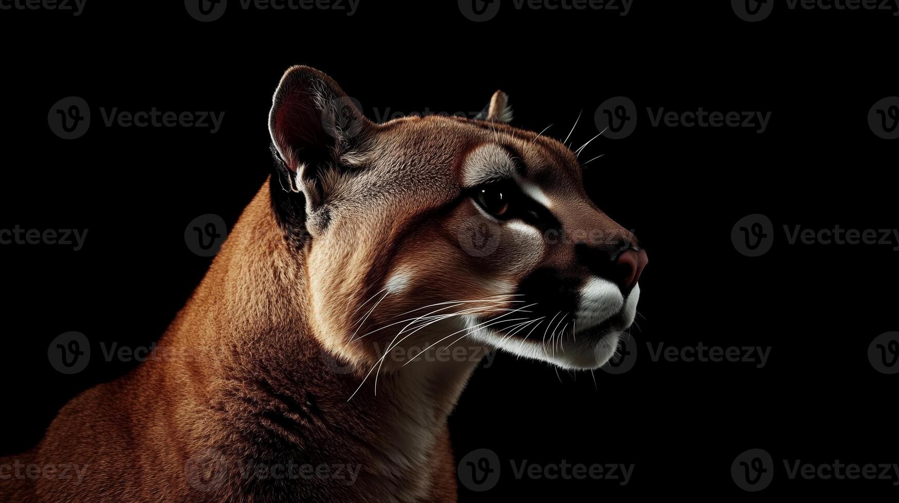 A striking close-up of a puma against a black background highlighting its features and expressions during nighttime photo