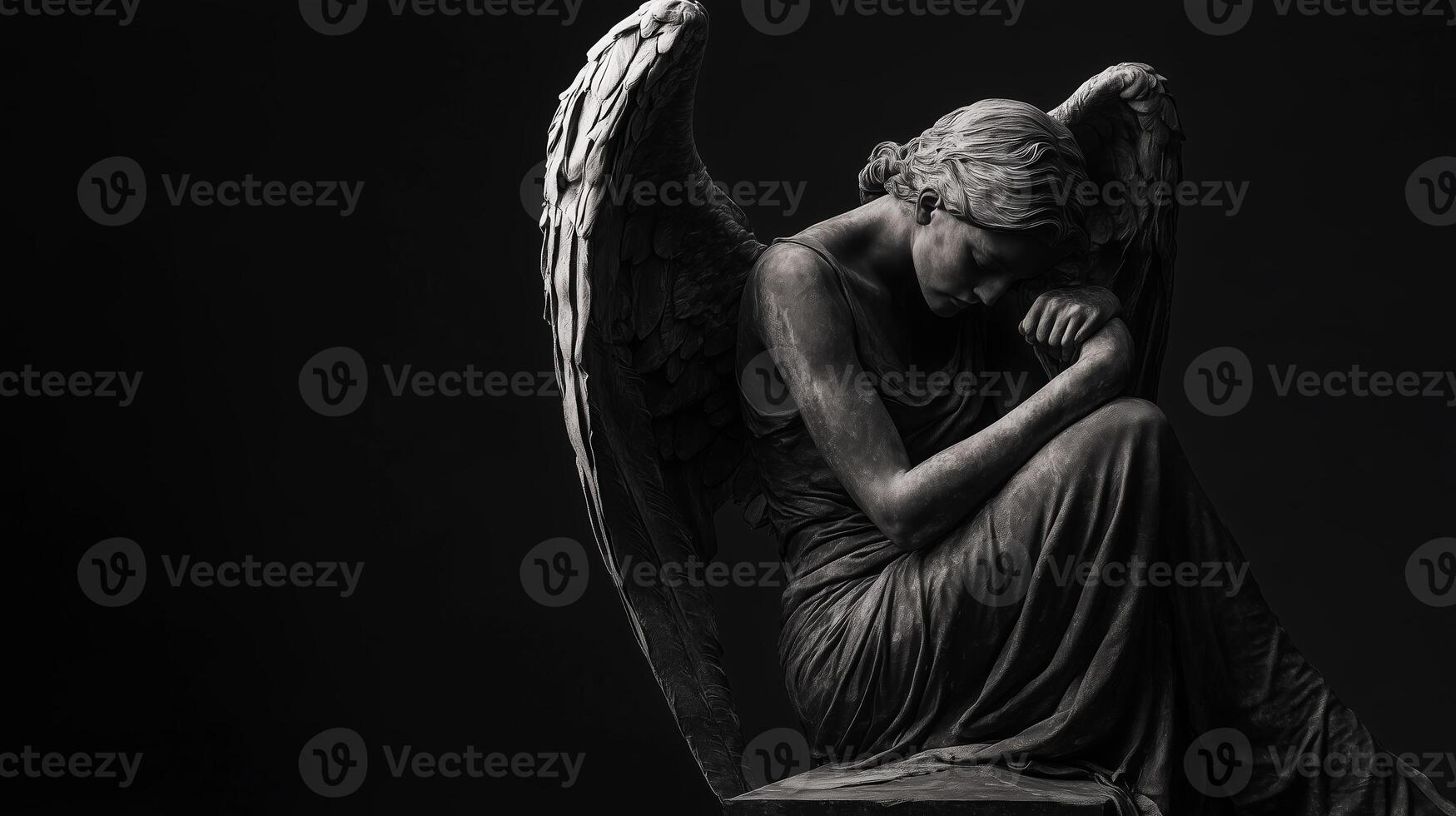 A contemplative angel sculpture in a dark setting, showcasing intricate details and a serene expression, exemplifying artistry and emotion photo