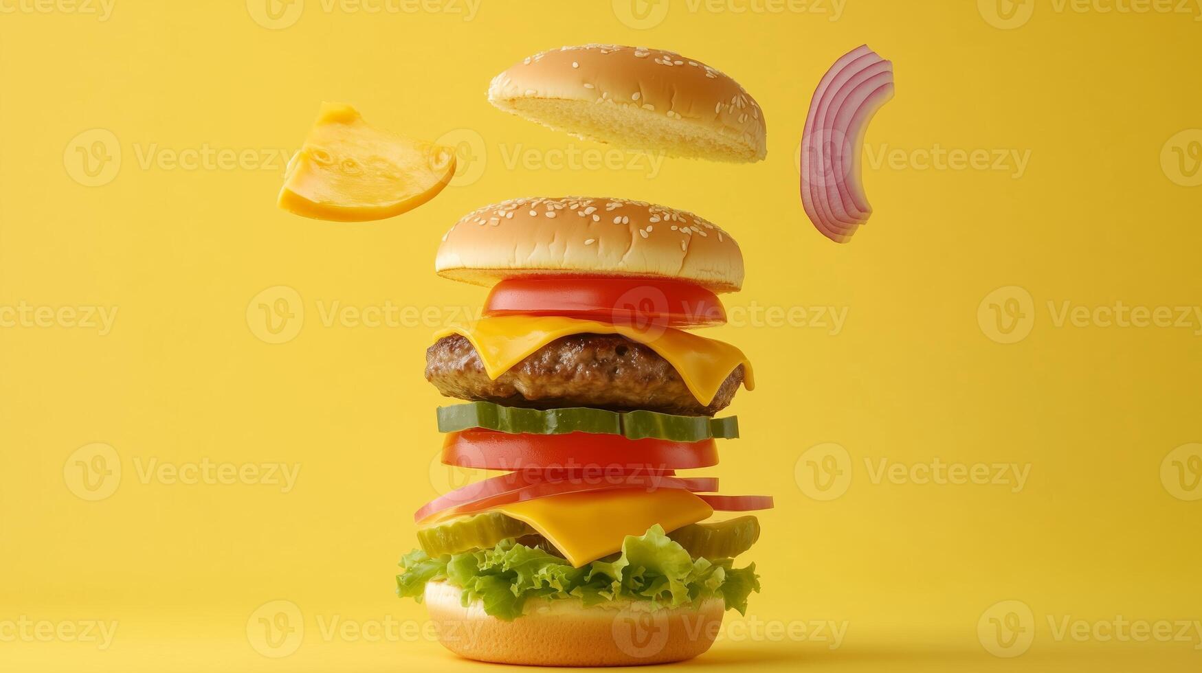 A colorful burger stack with fresh vegetables and cheese against a bright yellow background photo