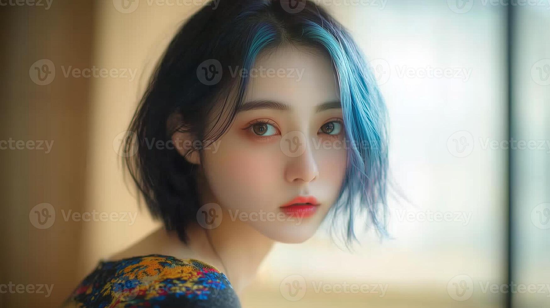 A young woman with blue-highlighted hair gazes thoughtfully out of a window in a softly lit interior space during the afternoon photo
