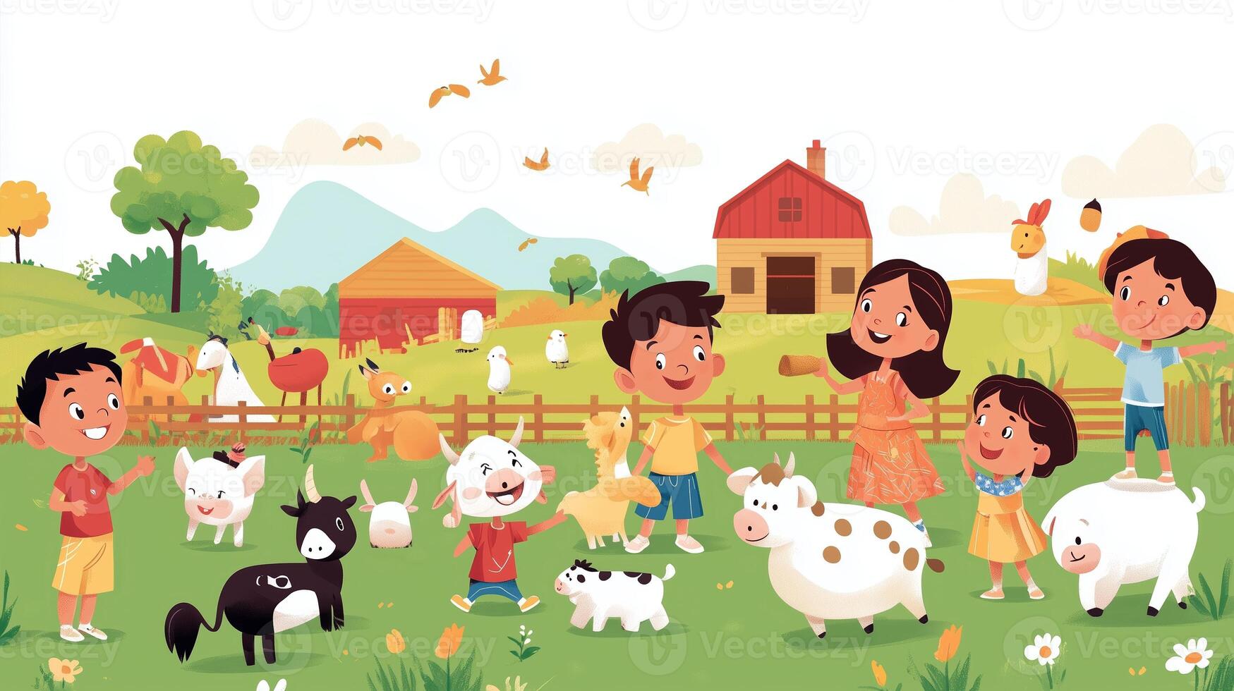 Children playing joyfully with farm animals in a vibrant countryside setting during a sunny day photo