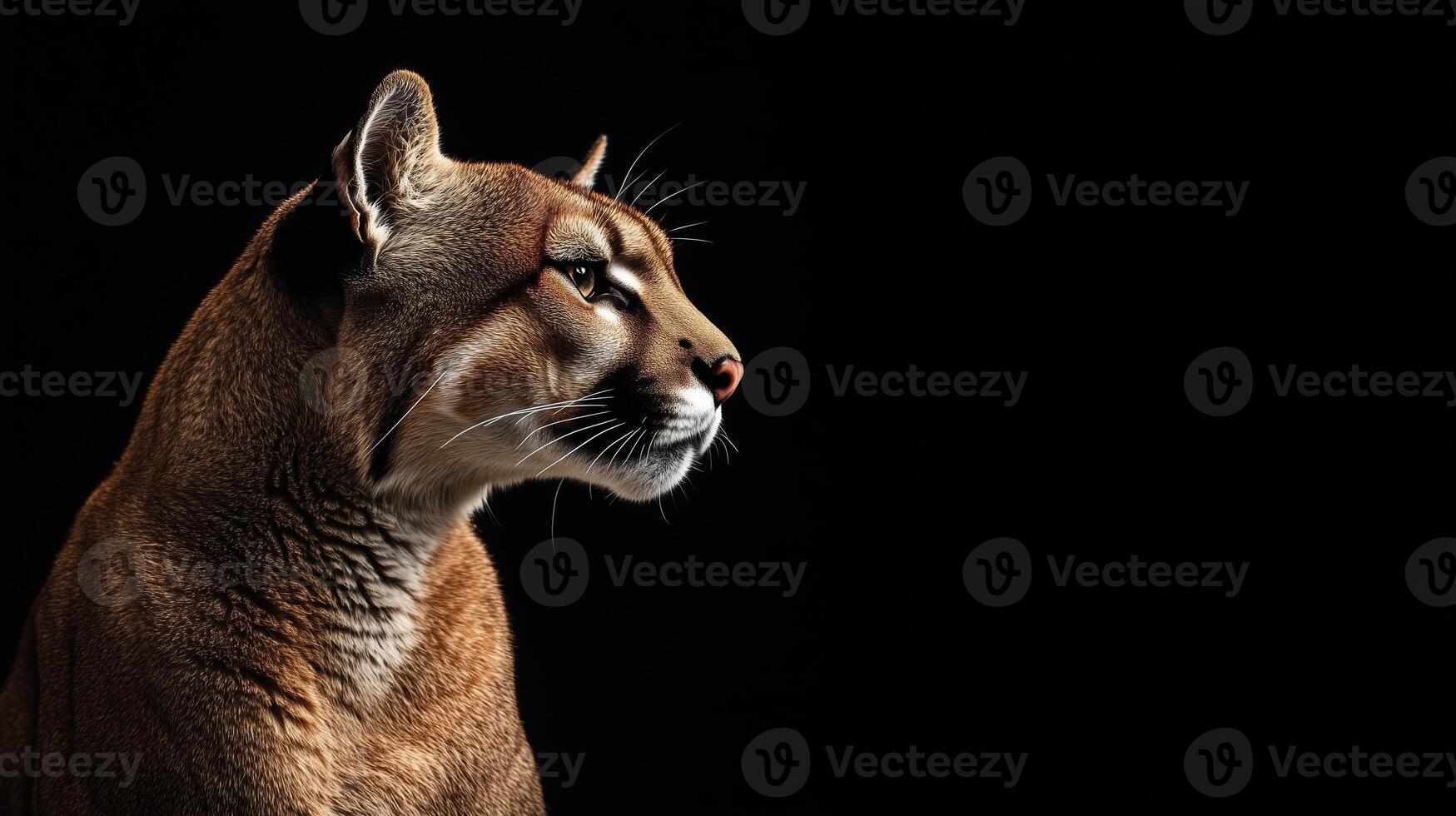 A close-up profile of a mountain lion in a dark setting showcasing its sleek fur and focused expression photo