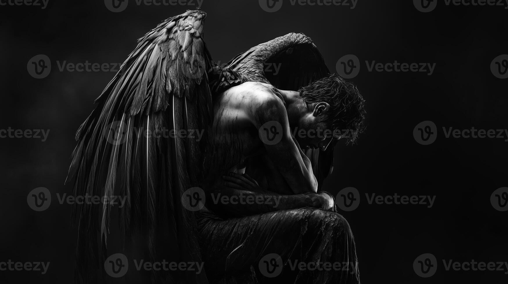 A dark angel in anguish sits alone in the shadows, reflecting on sorrow and loss in an ethereal black and white setting photo