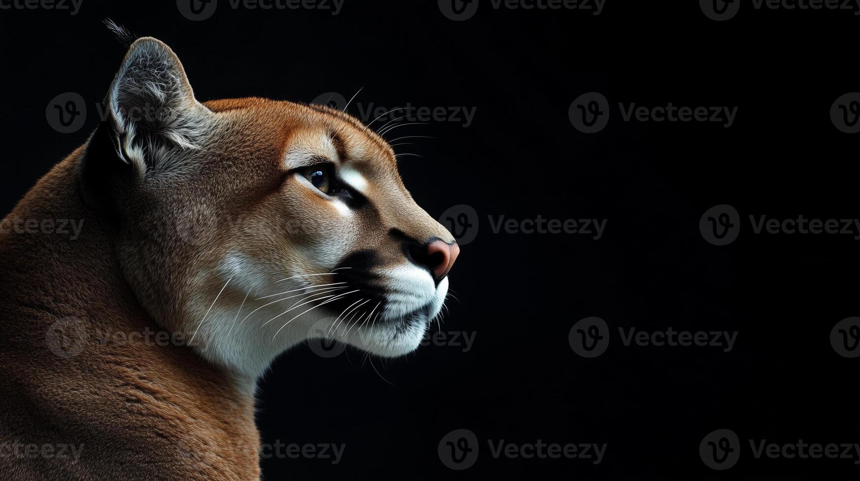 A close-up profile of a mountain lion in a dark setting highlighting its strong features and focused gaze during twilight hours photo