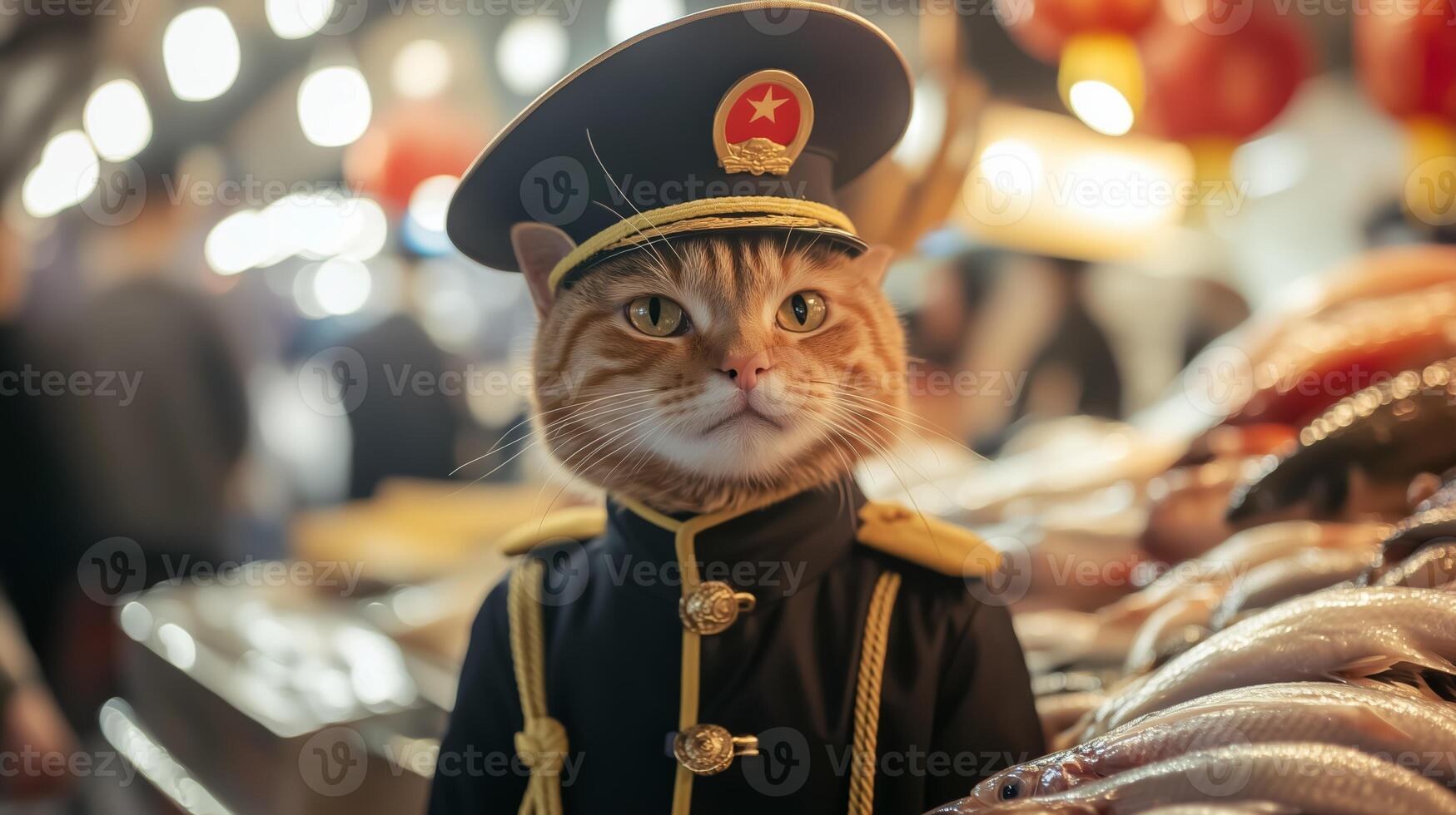 A cat in a military uniform poses confidently at a bustling market filled with fresh seafood during a lively evening crowd photo