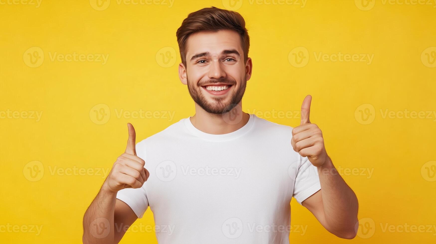 Young man smiling and giving thumbs up against a bright yellow background, expressing happiness and positivity in a cheerful moment photo