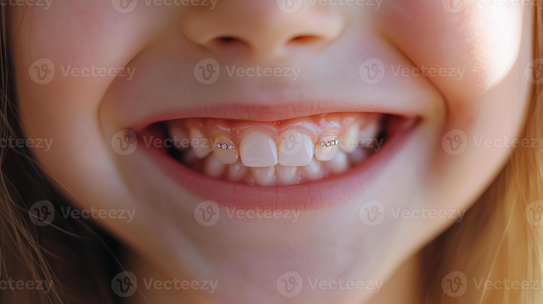 Young child showcasing a joyful smile with missing teeth and decorative braces in a bright, cheerful setting photo