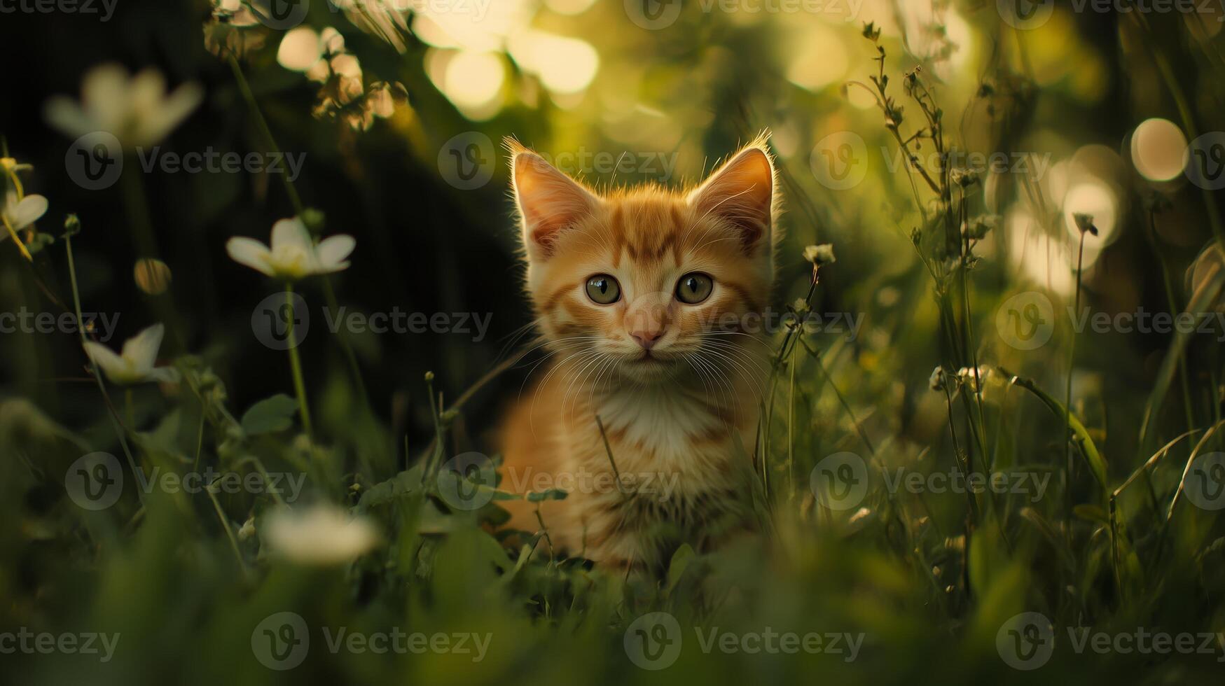 Curious orange kitten exploring lush green grass and blooming flowers in golden afternoon light photo