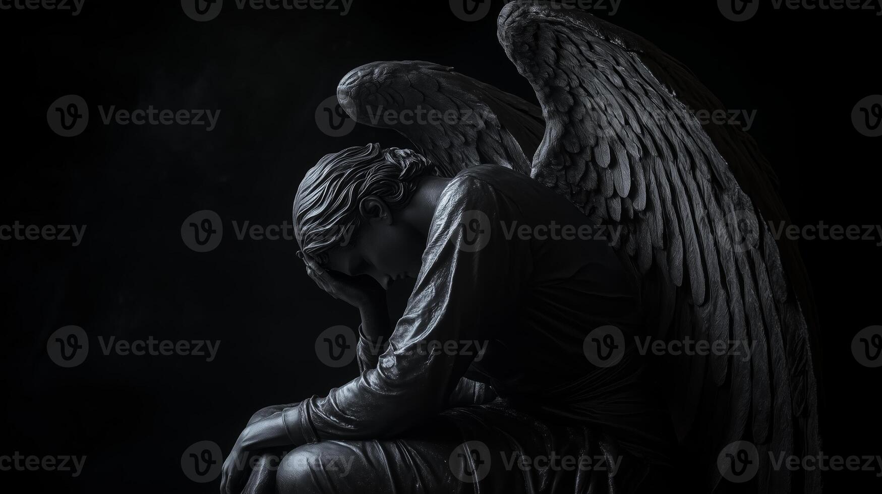 A somber angel statue with wings, poised in contemplation, surrounded by dim light, conveying deep emotion in a reflective setting photo