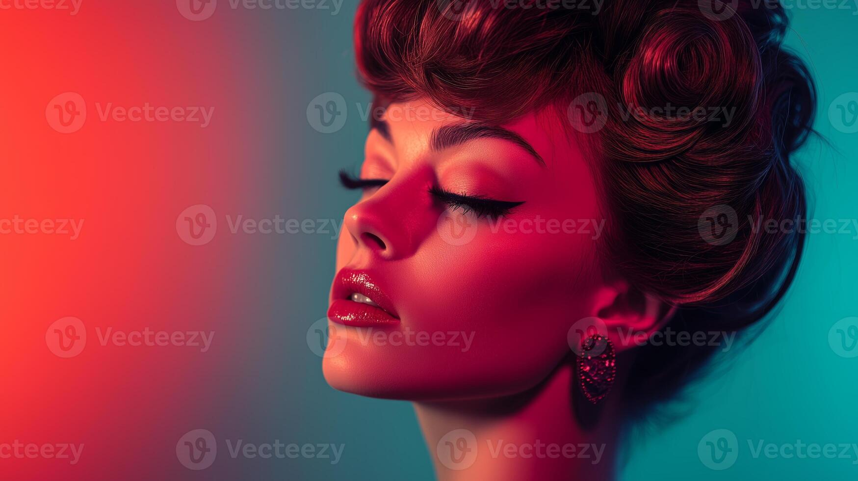 A vintage-styled model poses with elegance under vibrant colored lighting in a contemporary studio setting photo