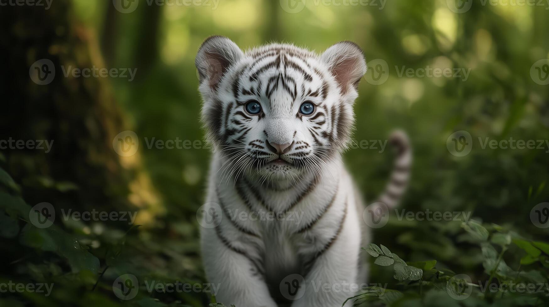 A white tiger cub exploring the lush green forest, capturing curiosity and playfulness during a warm afternoon photo