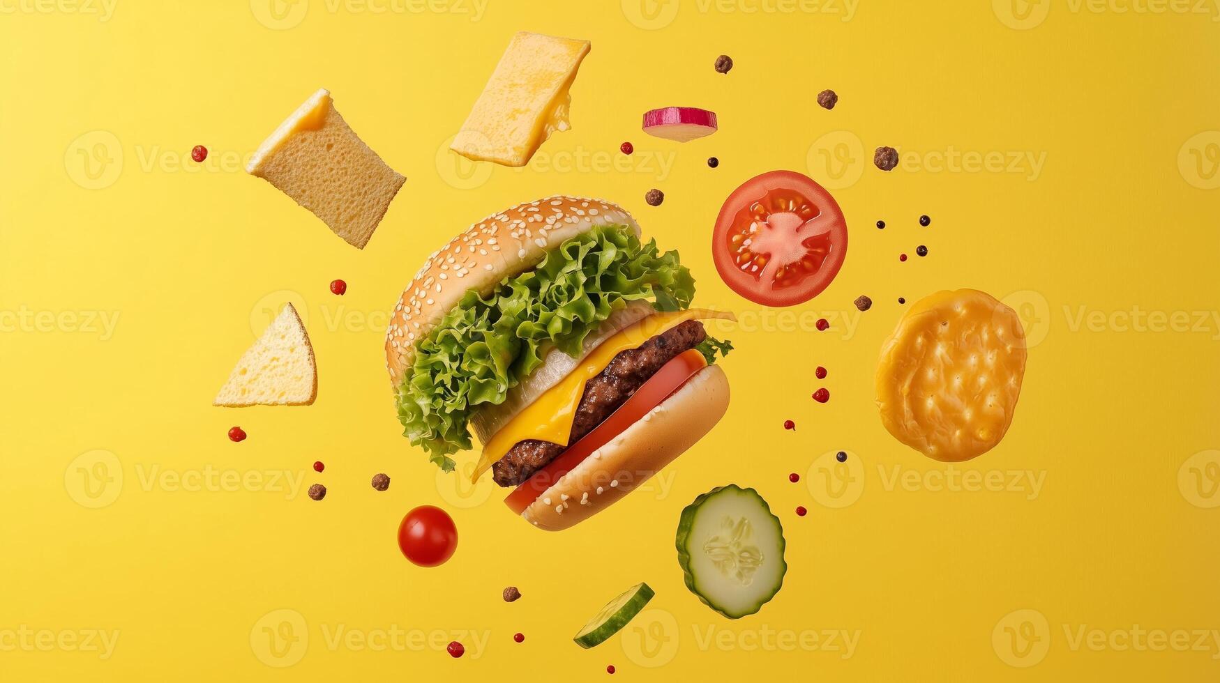 Delicious hamburger with fresh vegetables and cheese floating against a bright yellow background in a playful arrangement photo