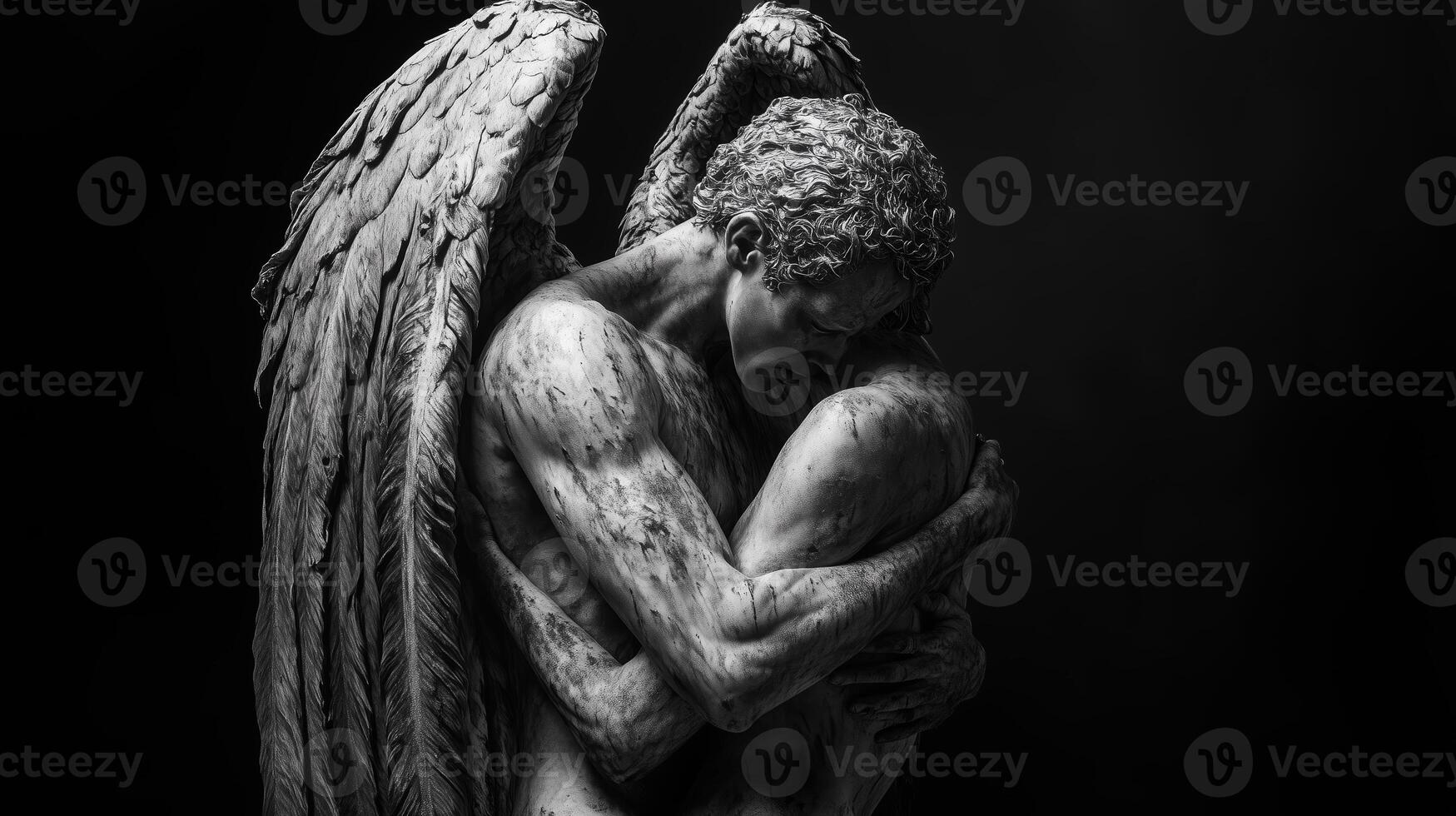 A dramatic embrace between two figures with angelic wings captured in black and white amidst a dark background, symbolizing love and protection photo