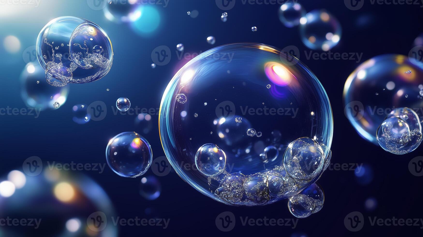Floating bubbles in a soft-focus background create an enchanting atmosphere in a dreamy blue setting photo