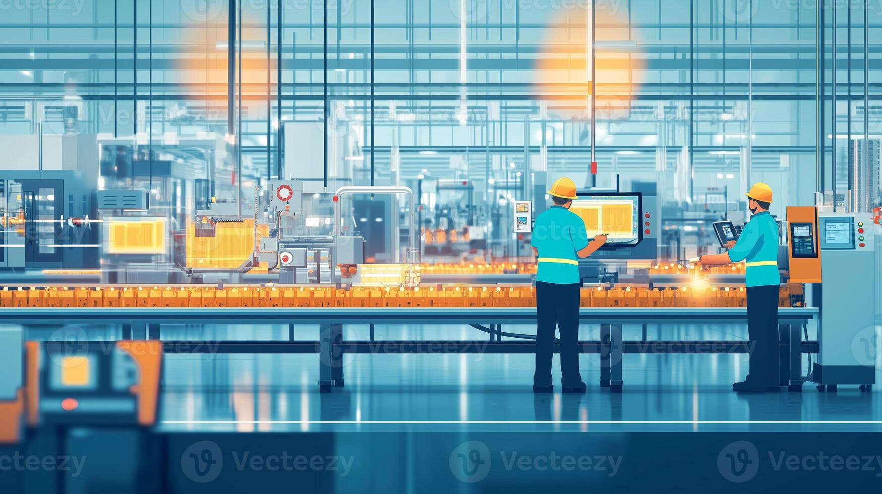 Workers engaged in automated production line tasks inside a modern factory during daylight hours photo