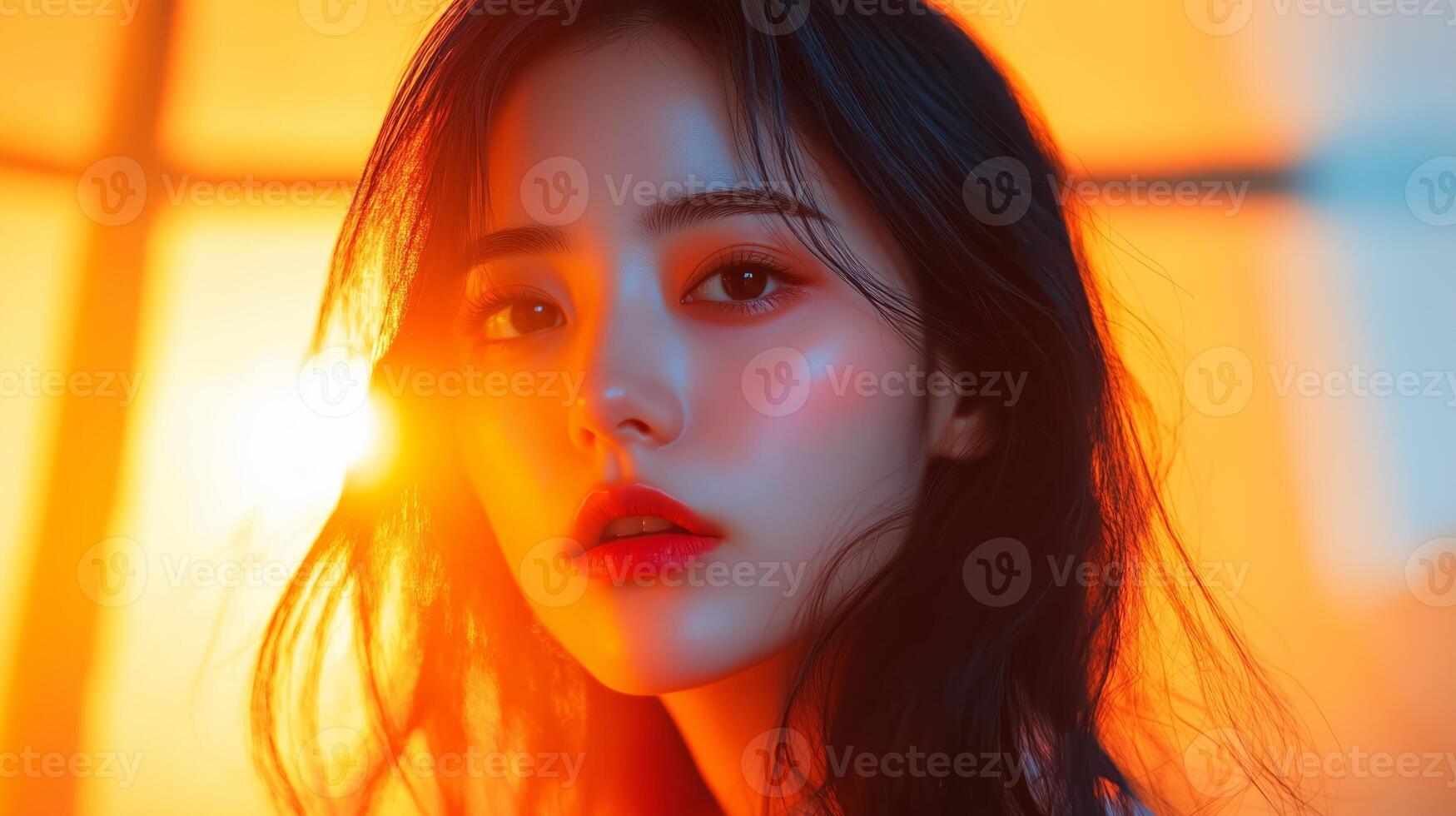 A young woman gazes thoughtfully towards the sunset with warm light illuminating her face and creating a serene atmosphere photo