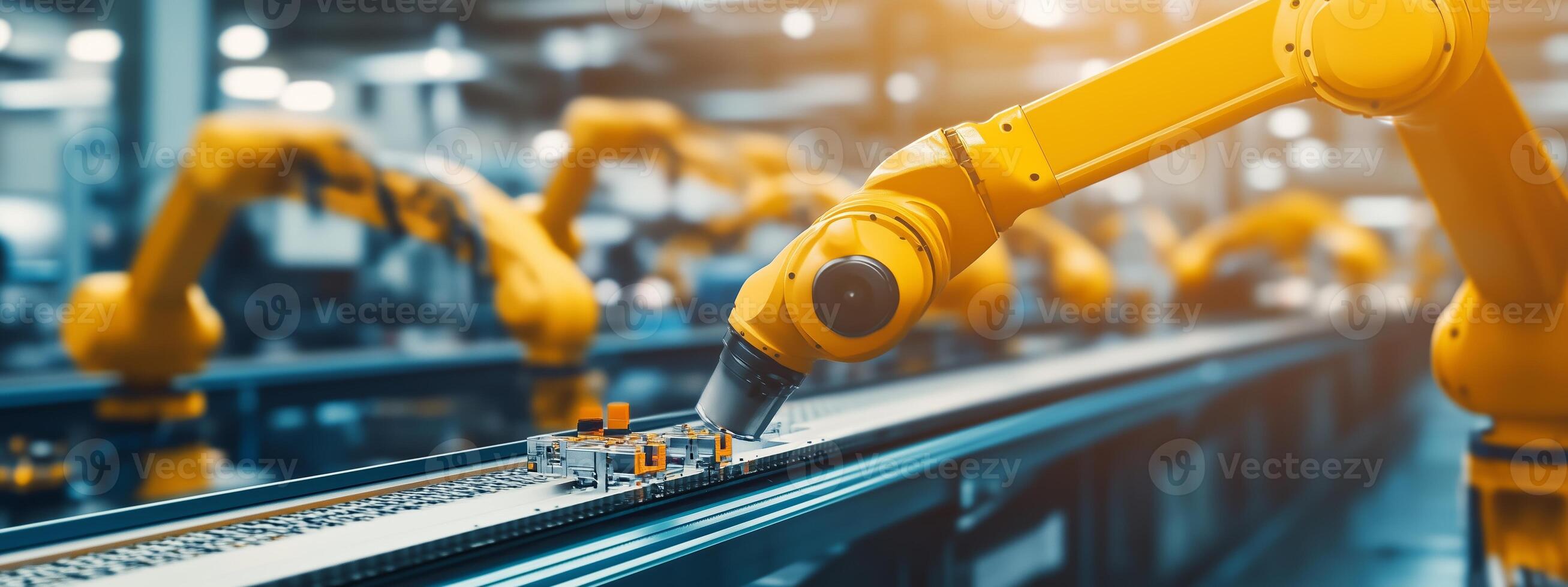 Industrial robotic arm assembling components on the production line in a modern factory during the daytime photo