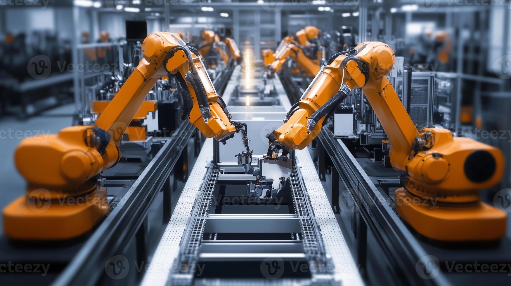 Industrial robots working in a modern manufacturing facility during the day, showcasing automation and precision in assembly tasks photo