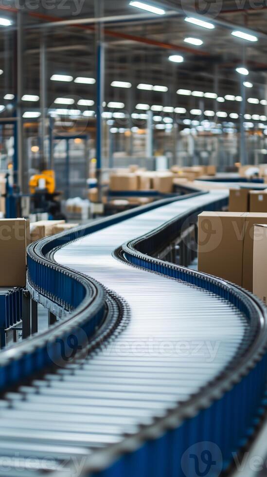 A curved conveyor belt transports packages in a large warehouse filled with cardboard boxes during daylight hours photo