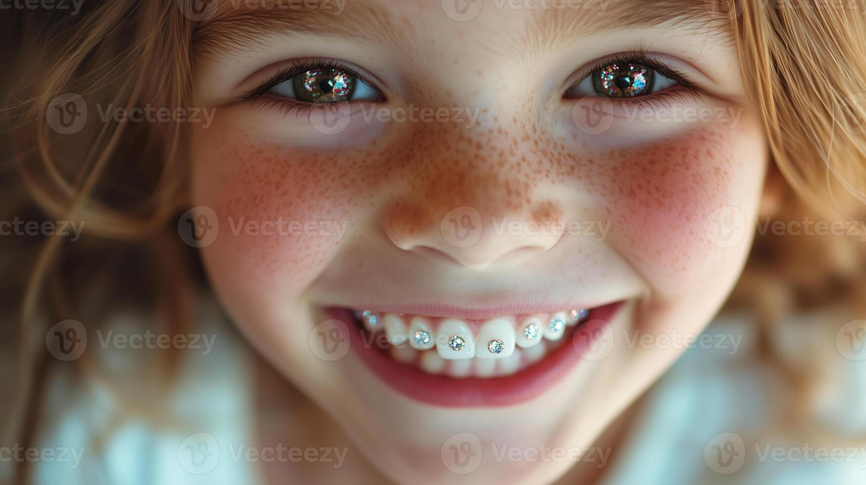 Young girl with braces smiling brightly, showcasing pearly whites and cheerful freckles in a close-up portrait photo