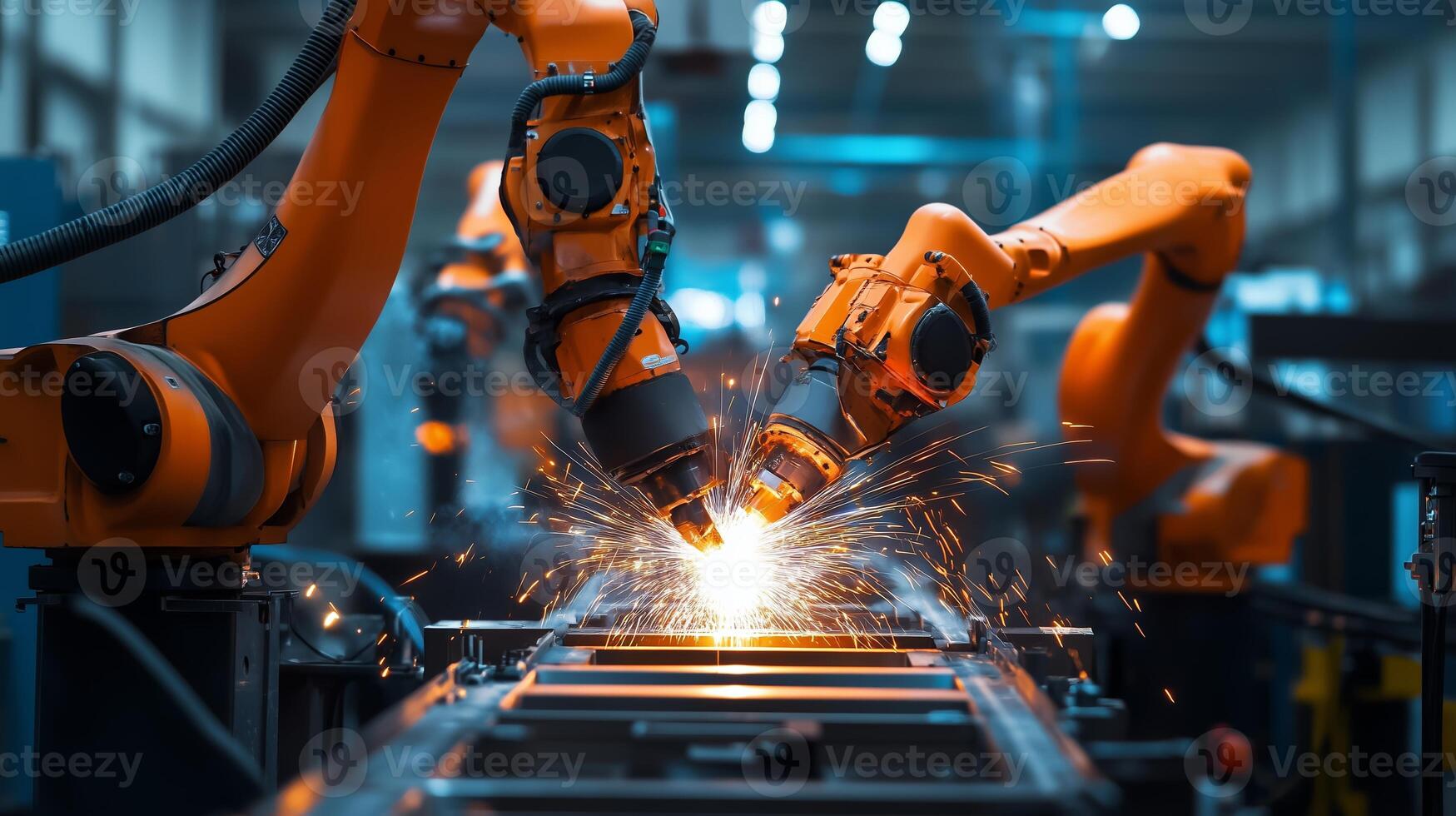 Industrial robots performing welding tasks in a high-tech manufacturing facility during daylight hours photo