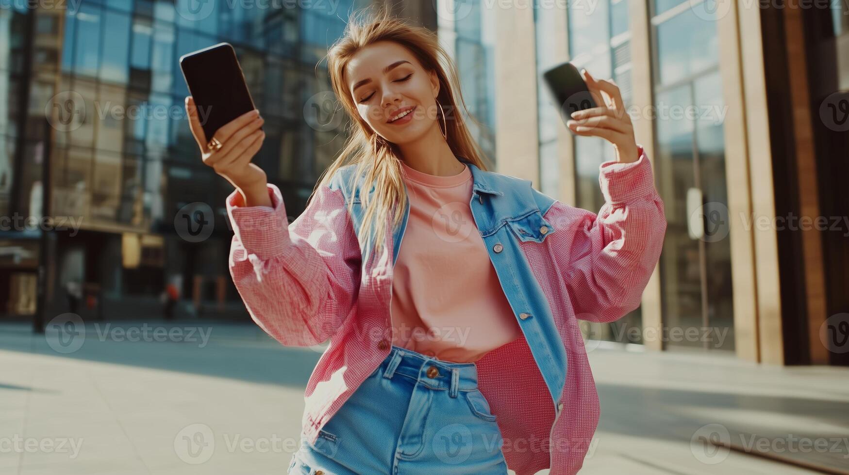 Young woman enjoying her smartphone in a city plaza during a sunny day, showcasing vibrant fashion and joyful expression photo