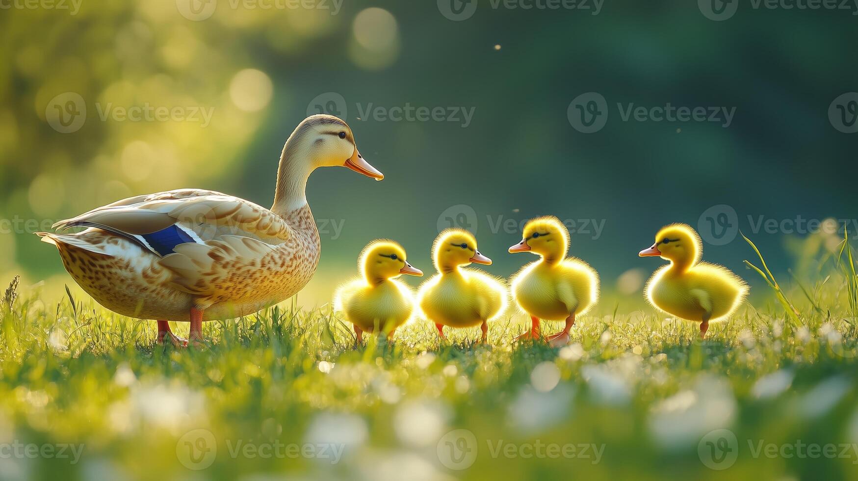 A mother duck leads her four fluffy ducklings across a sunny green meadow on a warm spring morning photo