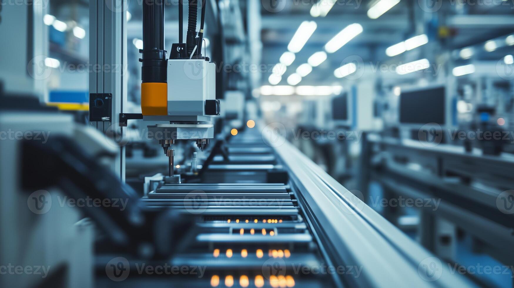 Advanced robotic assembly line operating in a modern manufacturing facility during daylight photo