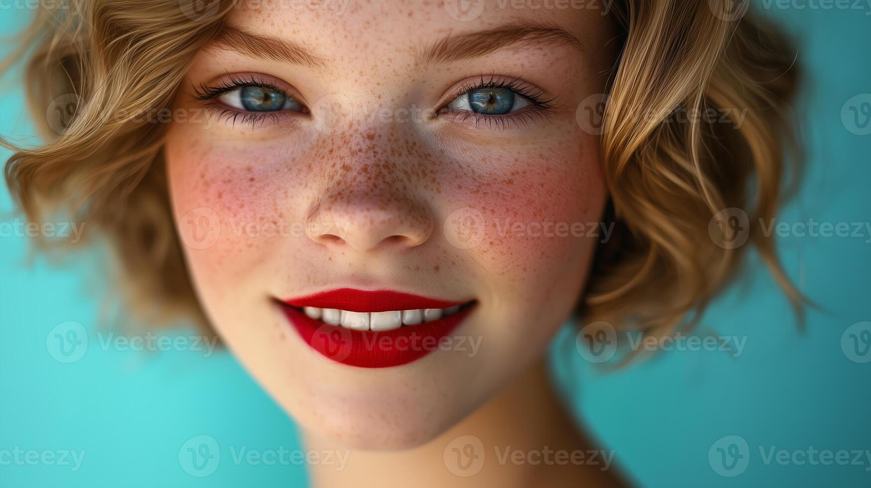 A young woman with curly hair and striking red lips smiling against a turquoise backdrop during daylight photo