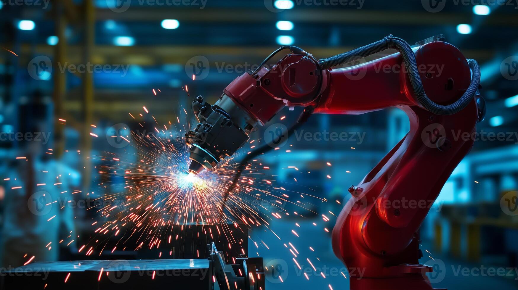 A robotic arm sparks during metal welding in a modern industrial workshop at night, showcasing advanced automation technology photo