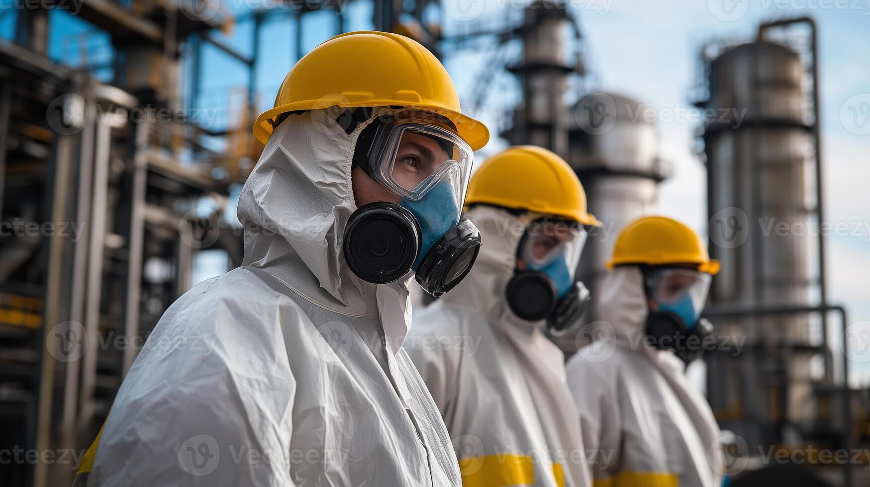 Workers in protective gear observe industrial operations at a chemical plant during daylight photo