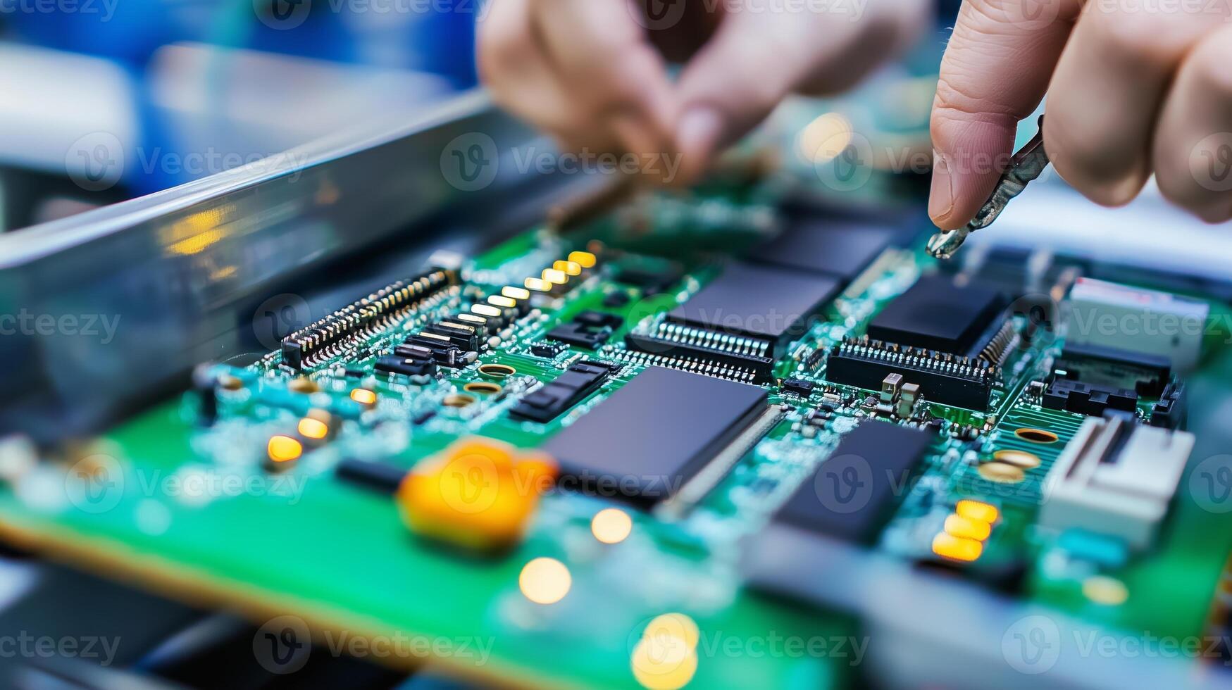Technician performing detailed circuit board repair at an electronics workshop during daylight hours photo