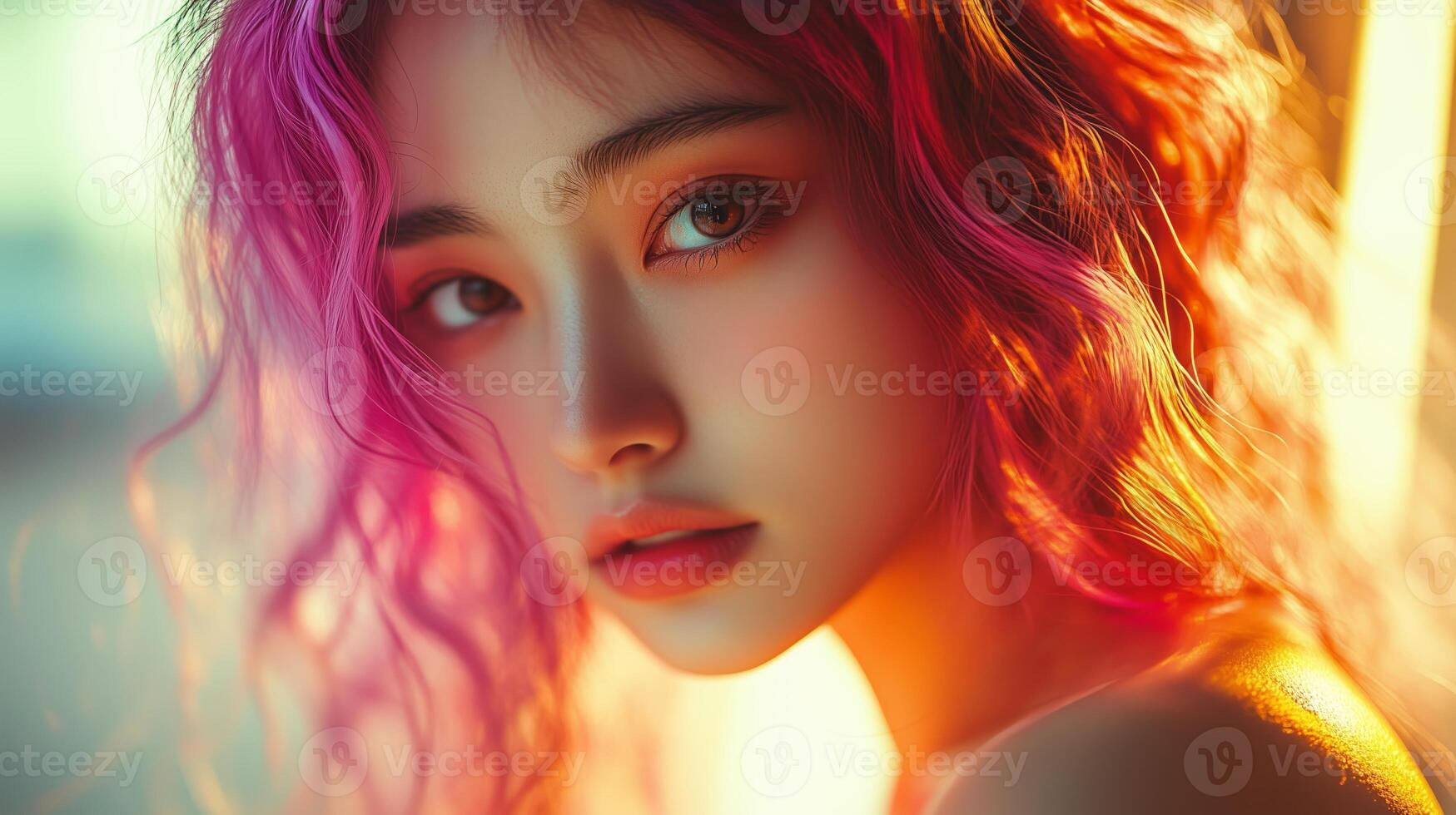 Young woman with vibrant pink hair poses against a warm sunset background, showcasing a serene expression and captivating gaze during golden hour photo